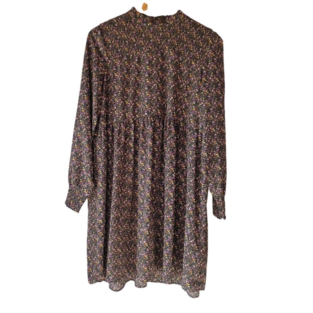 Jacqueline de Yong Smock Dress Womens 40 Black Floral Smocked Mock Neck Boho